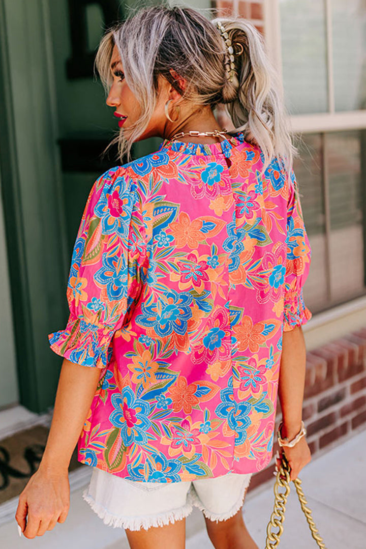 Plus Floral Print Frilly Neck Puff Sleeve Blouse