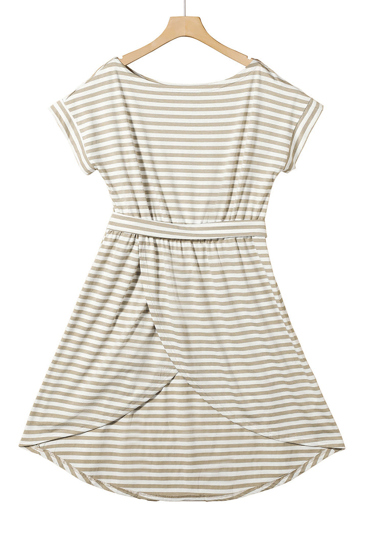 Stripe Short Sleeve Belted Wrapped Hemline T-Shirt Dress