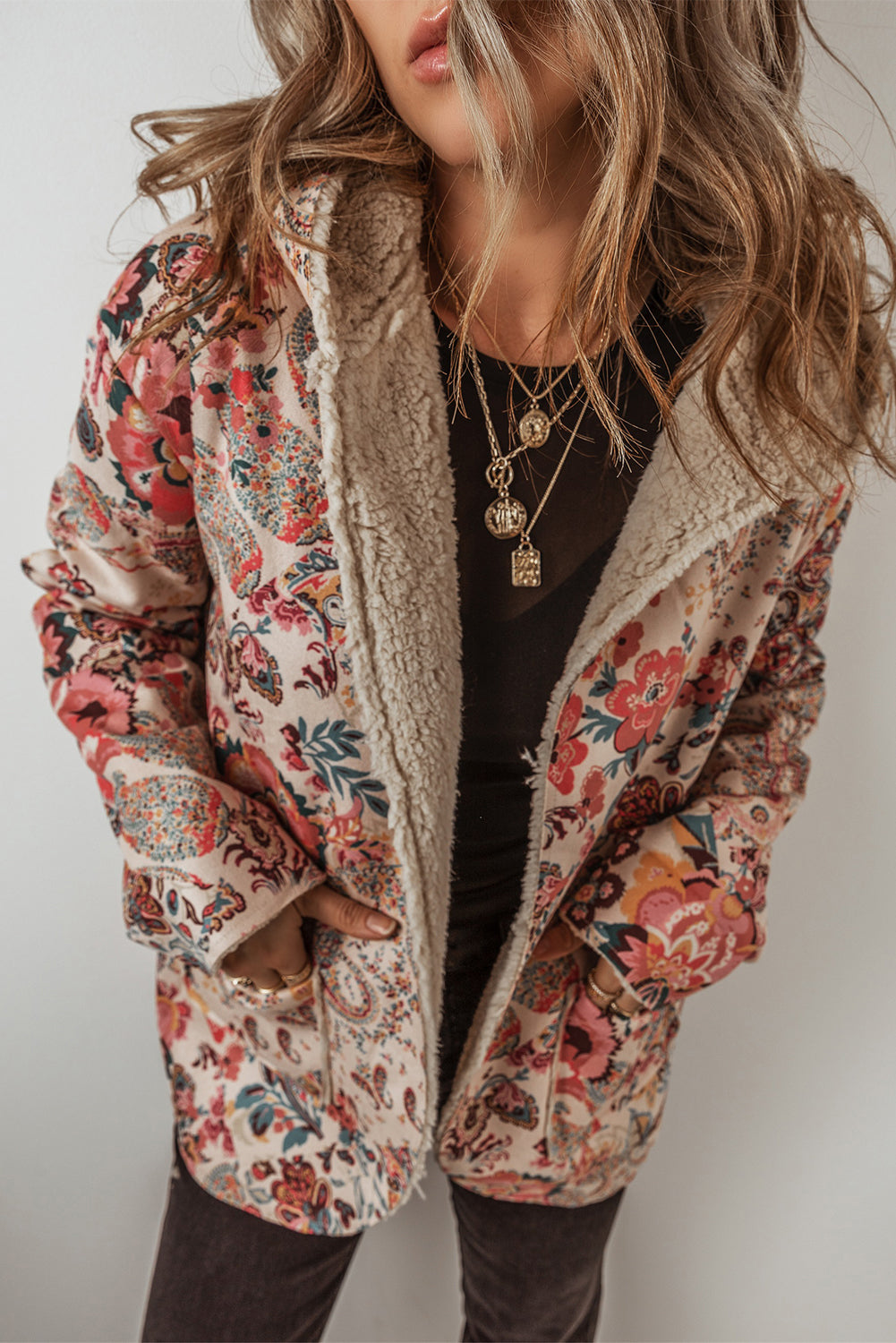 Vintage Paisley Floral Printed Sherpa Lined Hooded Jacket