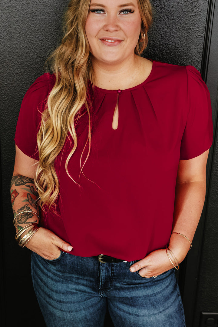 Keyhole Pleated Crew Neck Plus Size T Shirt