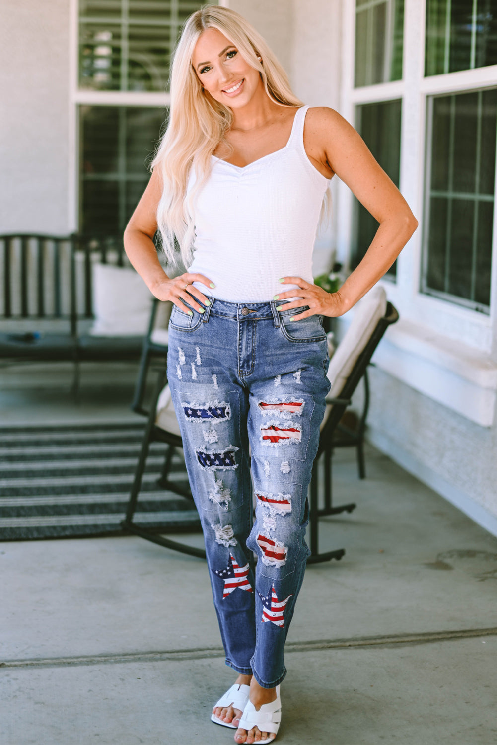 Sky Blue American Flag Patched Distressed Jeans