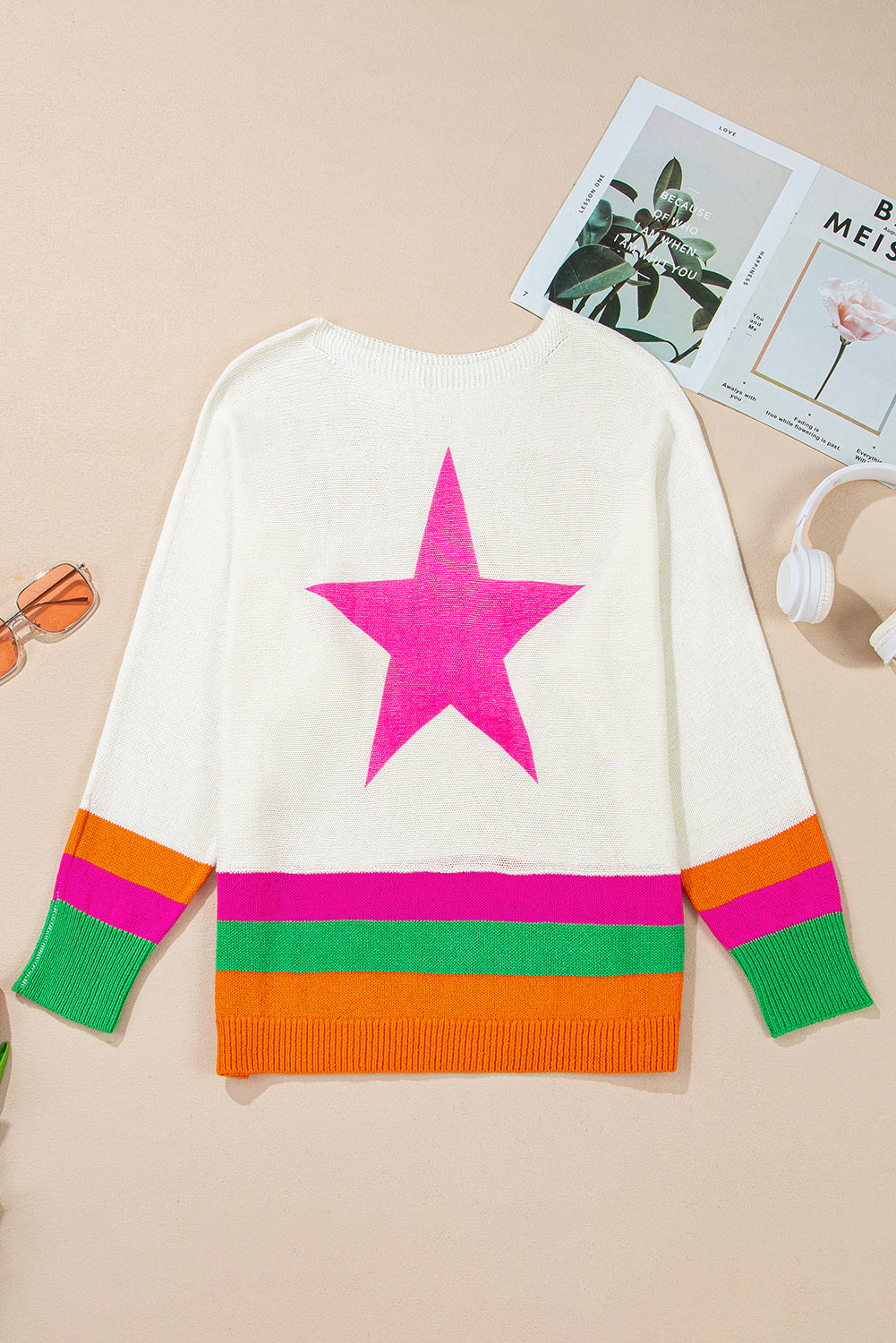 Star Pattern Colorblock Striped Edge Drop Shoulder Sweater