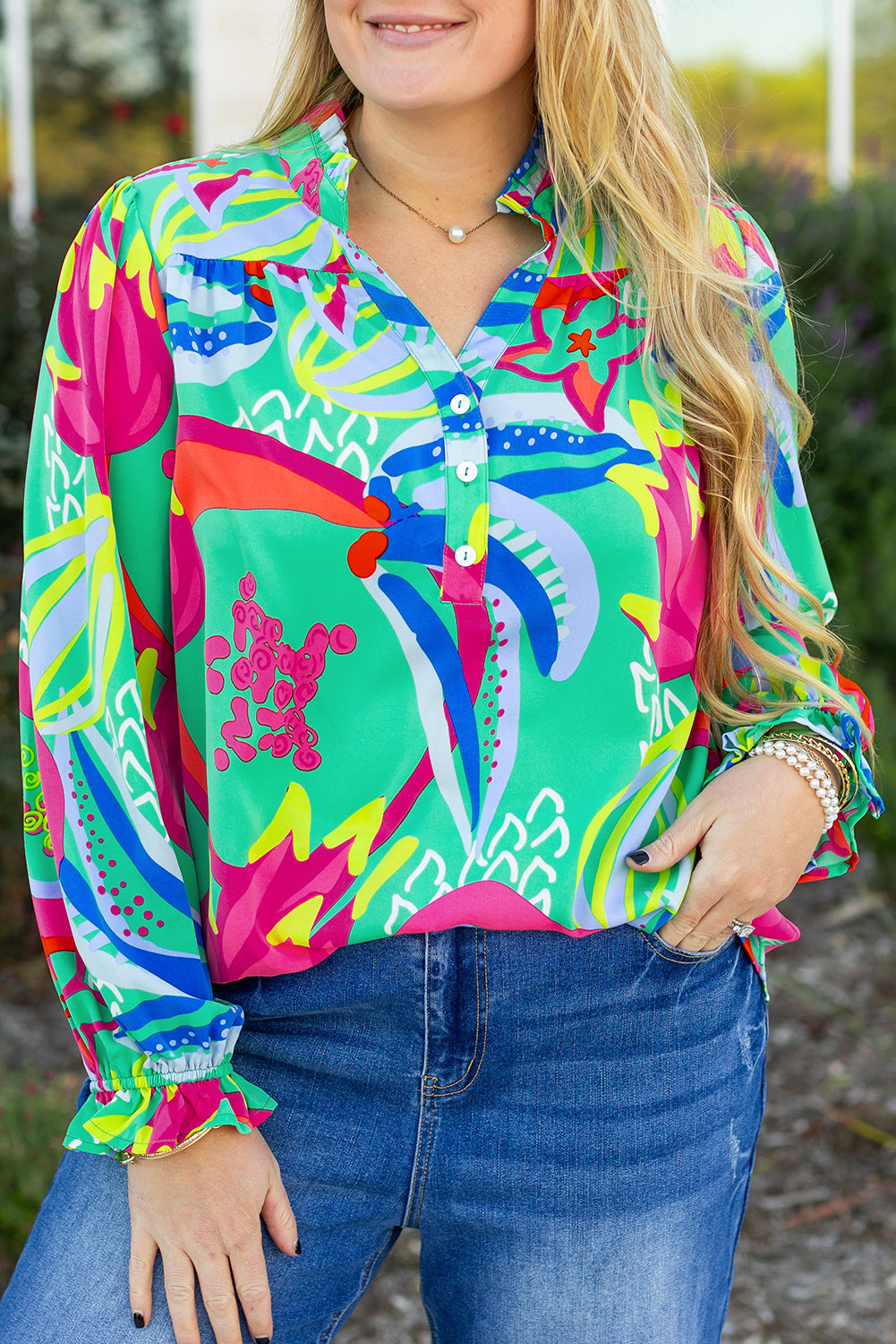 Abstract Printed Flounce Sleeve V Neck Buttoned Plus Size Blouse