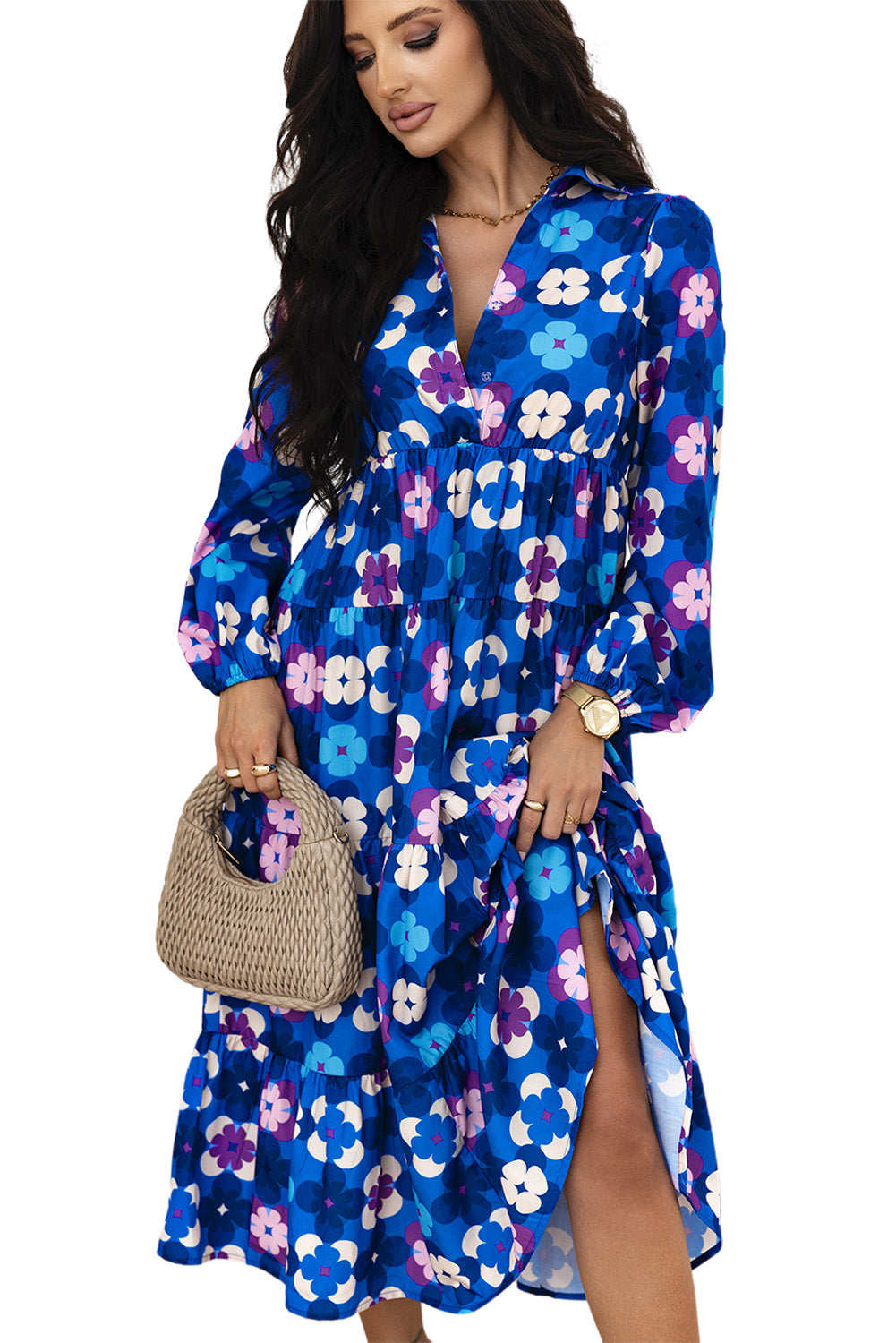 Floral Peasant Sleeve Tiered Ruffle Midi Dress