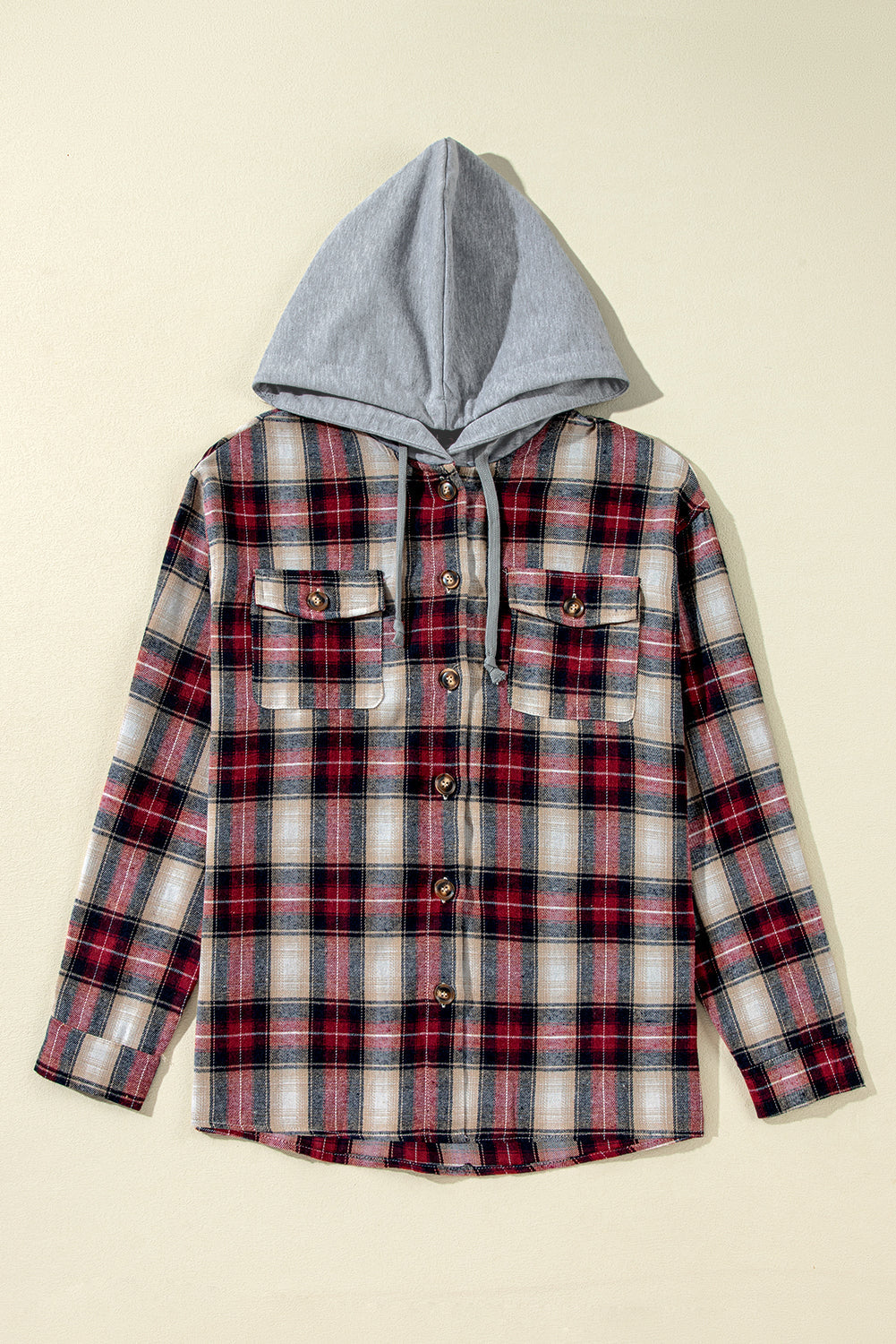 Plaid Print Chest Pocket Buttoned Hooded Shacket