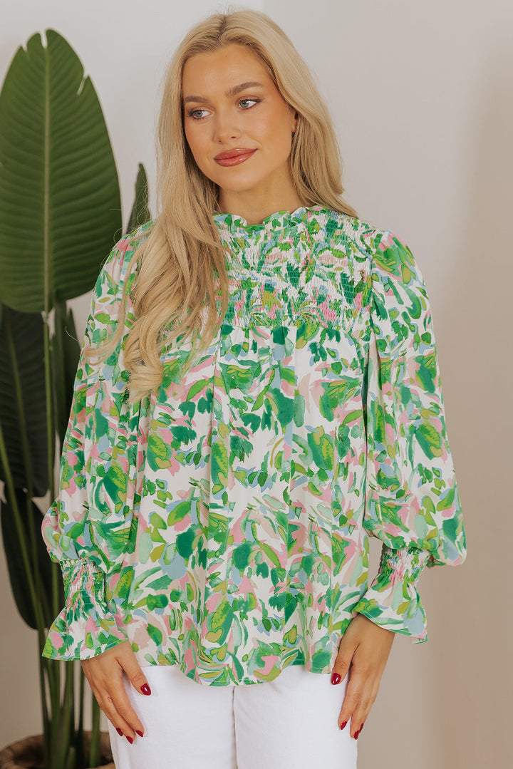 Leafy Printed Flounce Sleeve Shirred Mock Neck Blouse