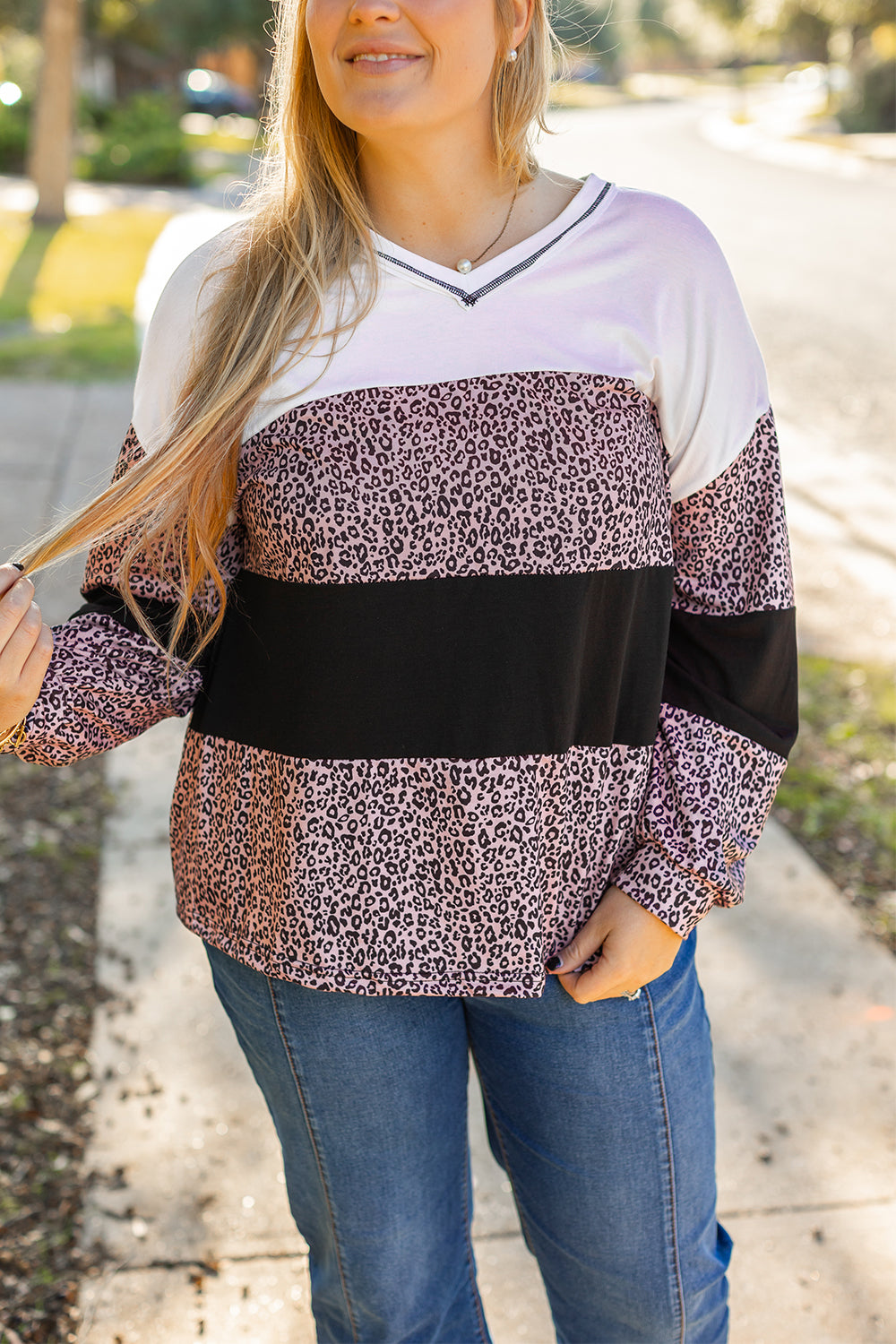 Leopard Print Colorblock V Neck Long Sleeve Plus Size Top