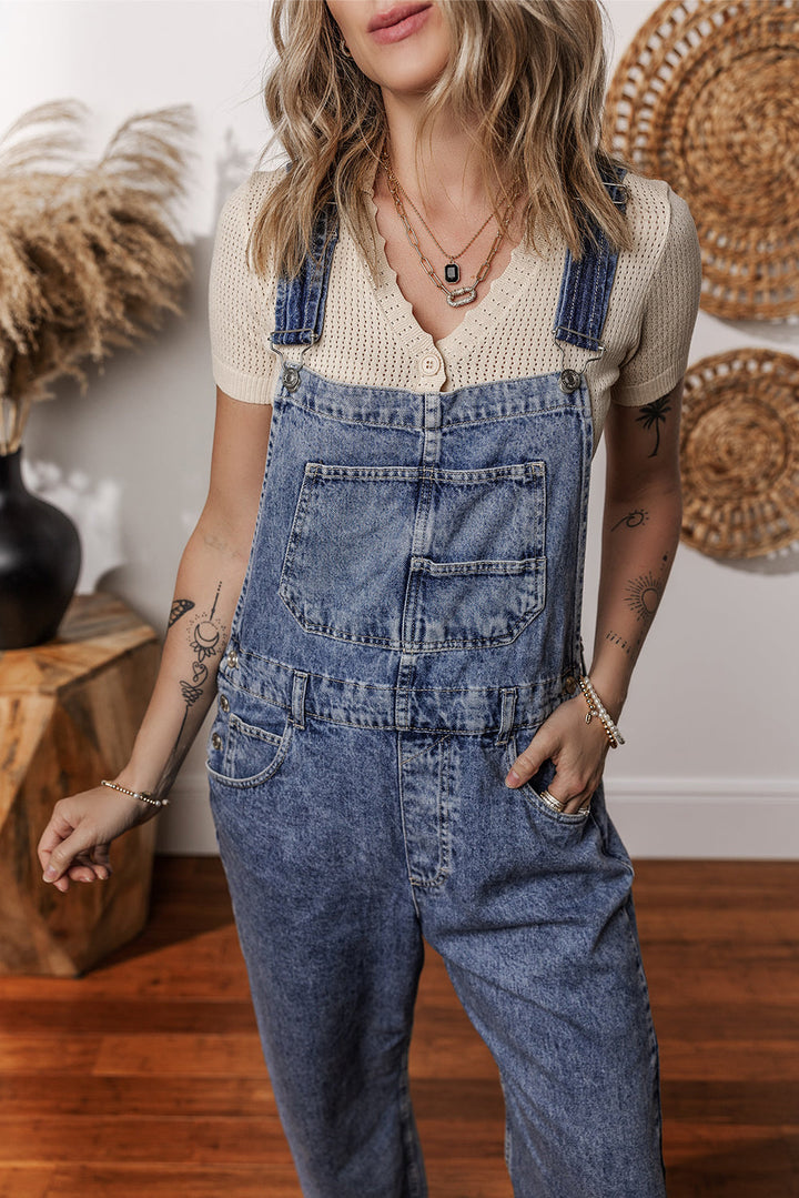 Denim Bib Straight Leg Jumpsuit with Pockets