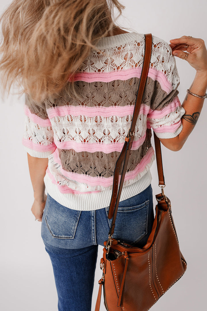 Color Block Hollow Out Crochet Half Sleeve Sweater