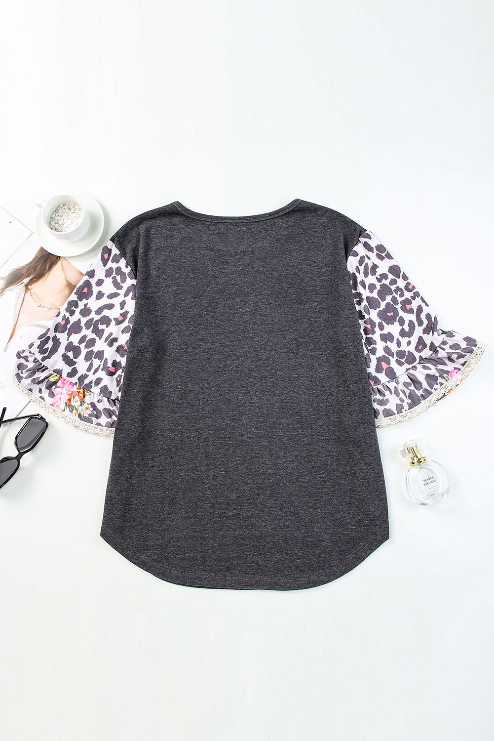 Black Ruffle Bell Sleeve Leopard Floral Patchwork Top