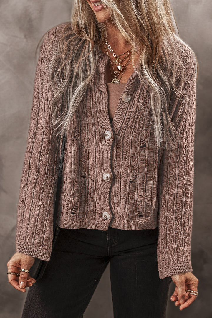 Cut Out Textured Knit Buttoned Cardigan