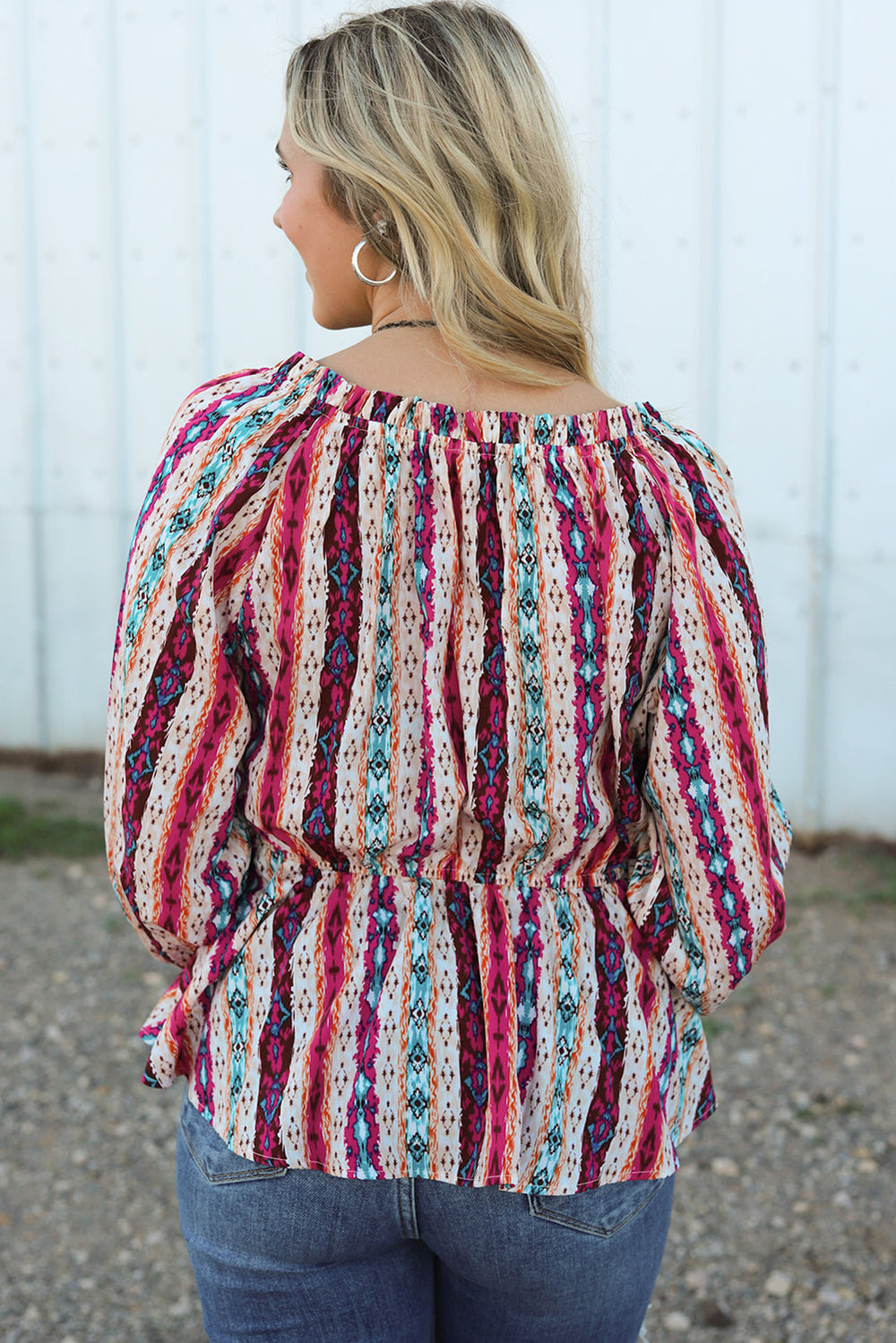 Western Aztec Split Neck Peplum Blouse