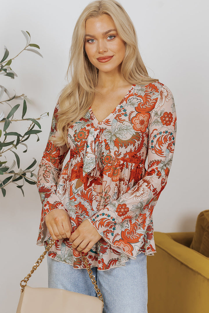 Floral Print Deep V Neck Knot Bell Sleeve Blouse