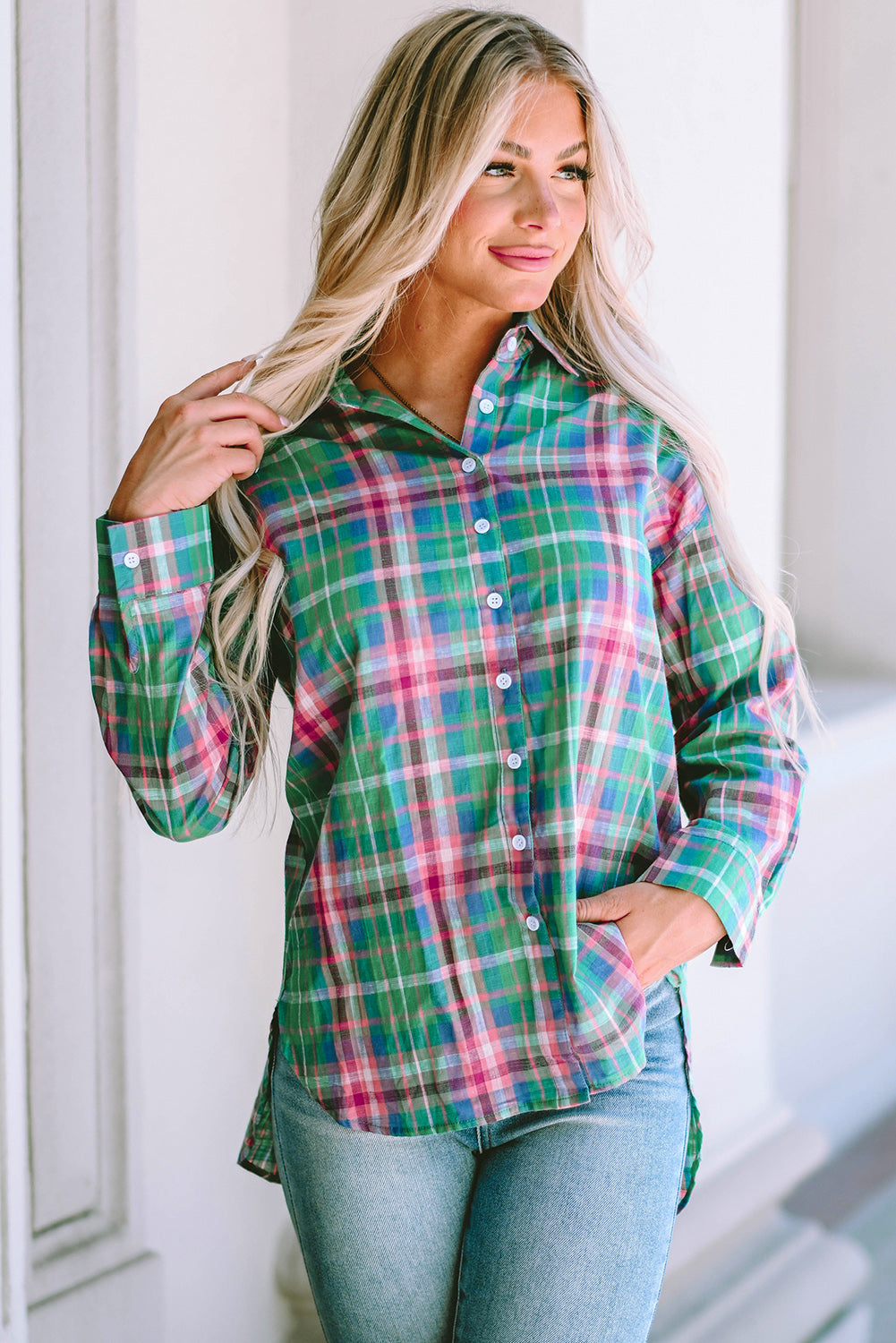 Plaid Long Sleeve Button Down Split Shirt