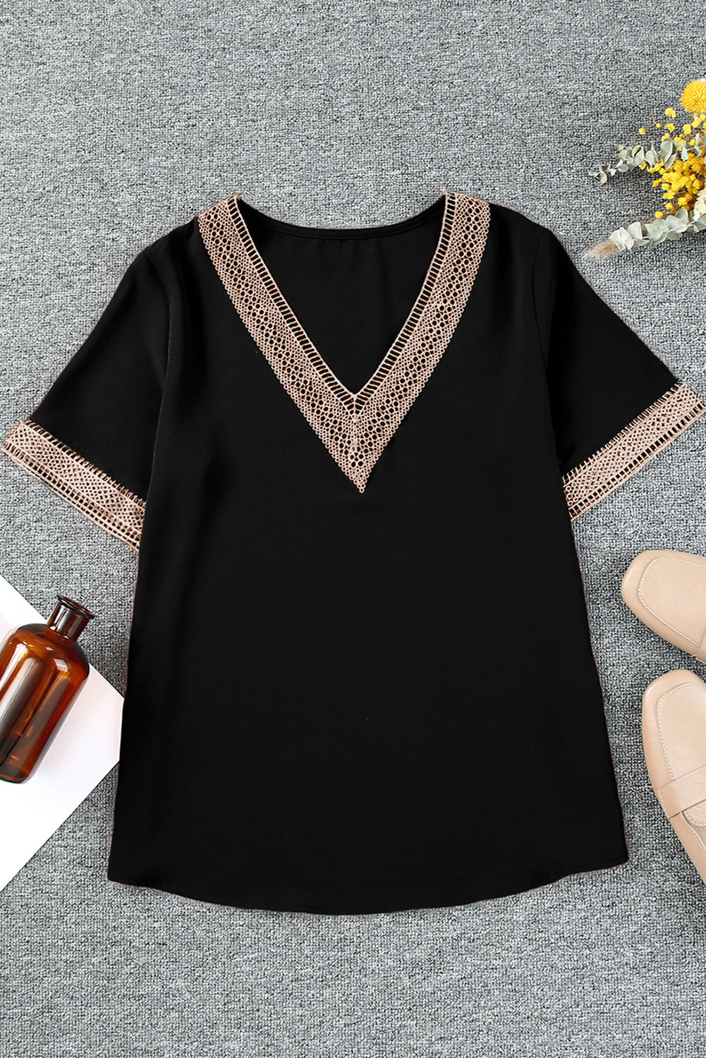 Lace Trim Short Sleeve V Neck Plus Size Top