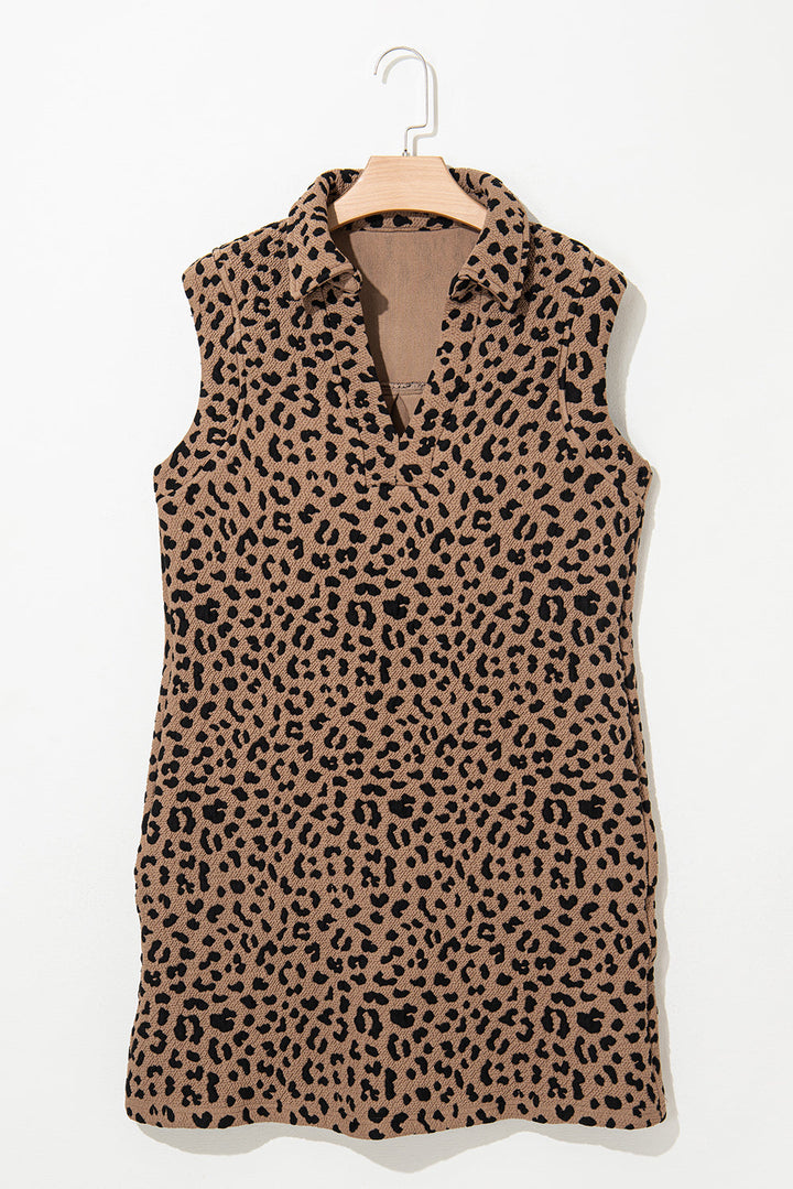 Leopard Print V Neck Sleeveless Collared Mini Dress