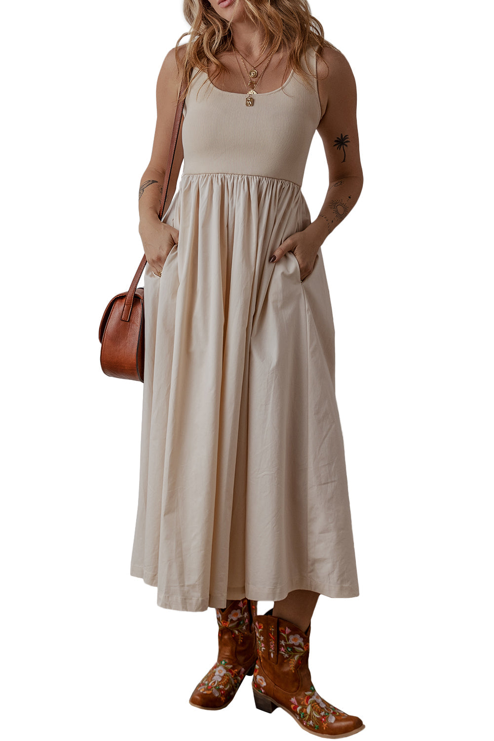 Scoop Neck Ribbed Bodice Pleated Sleeveless Long Dress