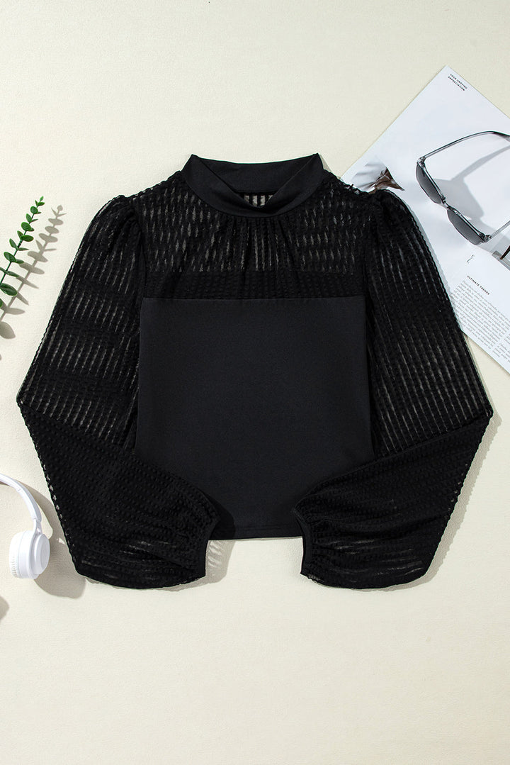 Stand Collar Striped Mesh Lantern Sleeve Blouse