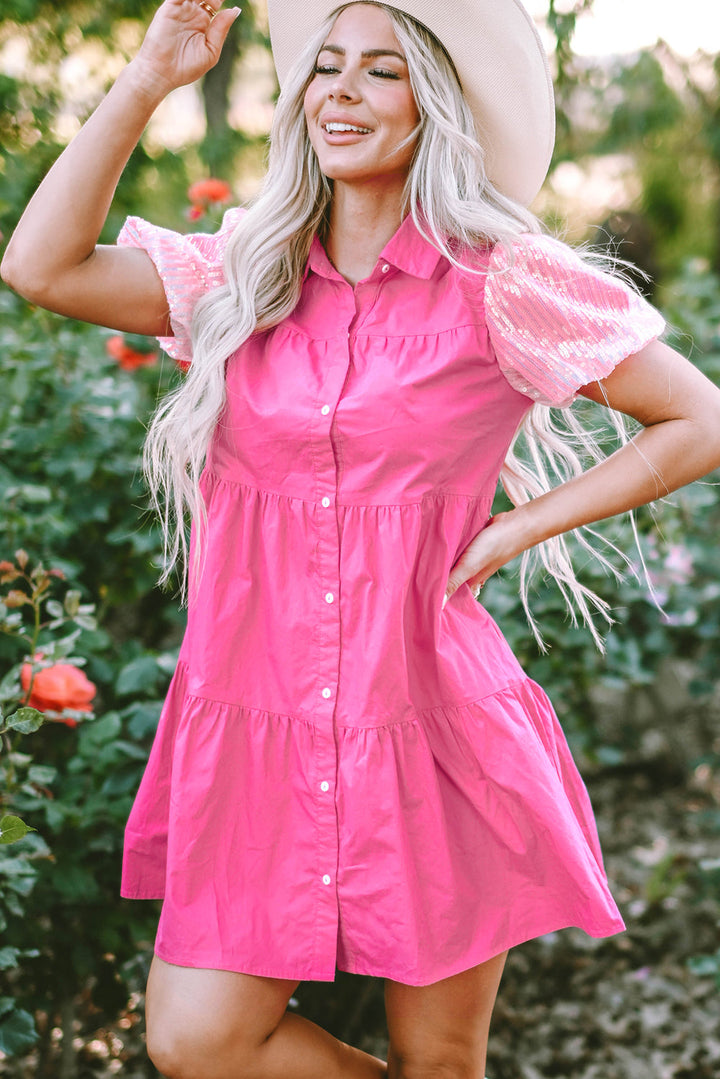 Sequined Bubble Sleeve Tiered Ruffled Shirt Dress