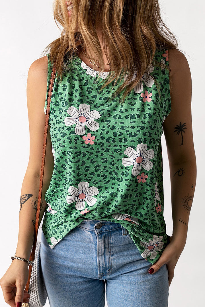 Crew Neck Floral Leopard Print Tank Top