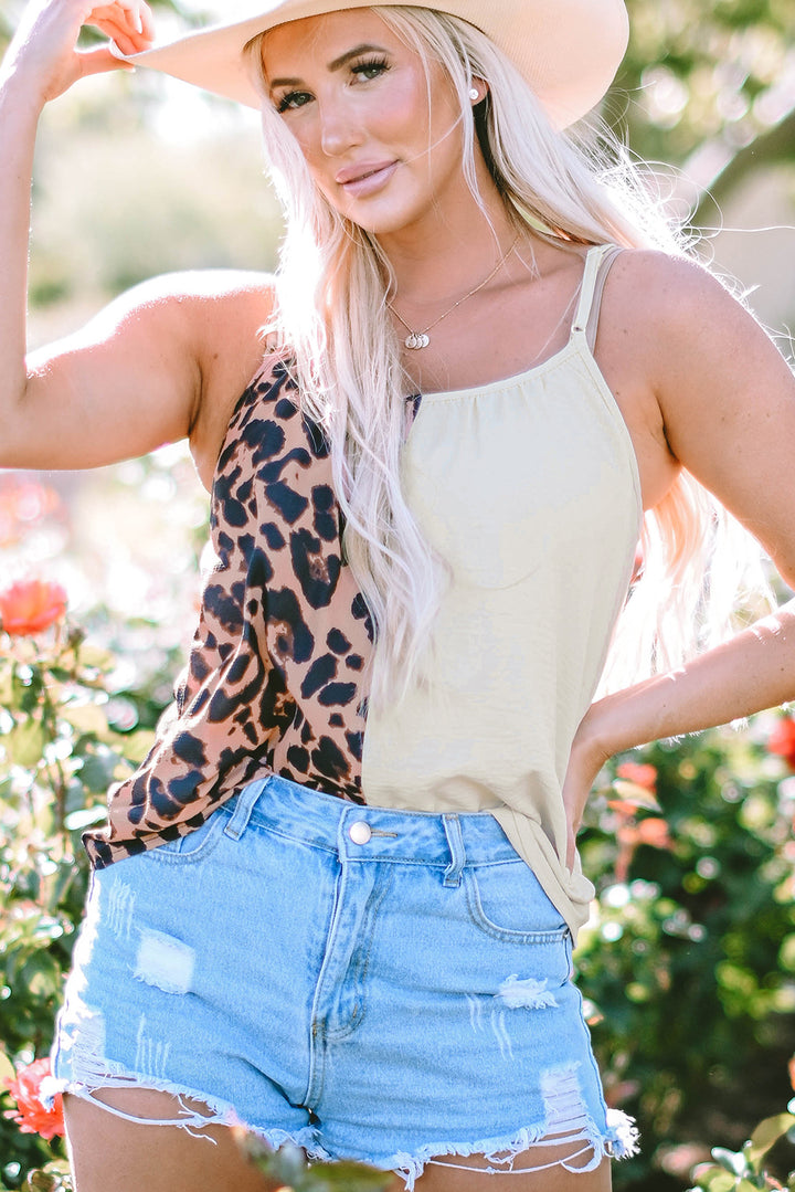 Leopard Contrast Patchwork Spaghetti Strap Tank Top