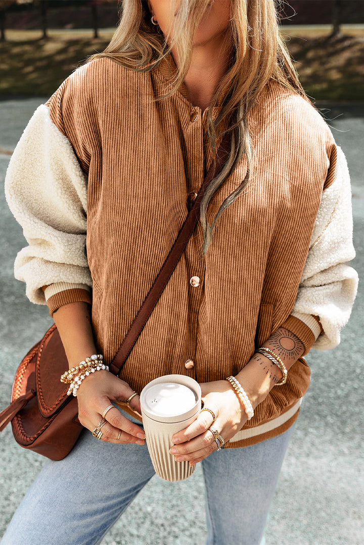 Corduroy Fleece Patchwork Buttoned Bomber Jacket