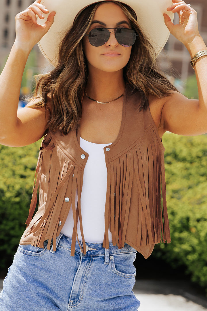 Fringed Snap Button Front Suedette Vest