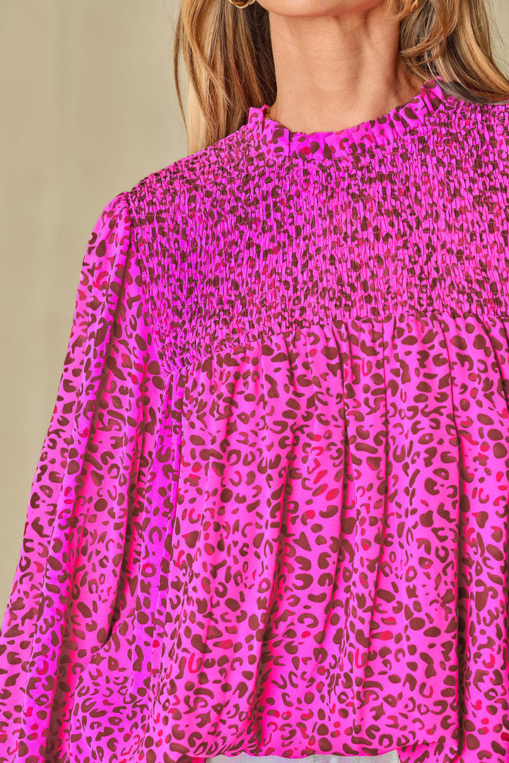 Leopard Shirred Puff Sleeve Flowy Blouse