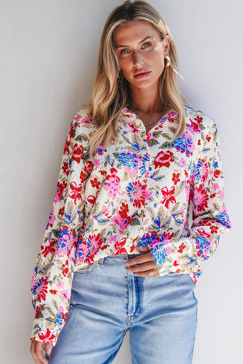 Floral Print Slim Fit Buttoned Turn Down Collar Shirt