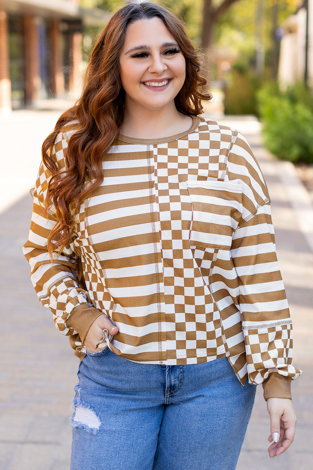 Striped Checkered Mixed Print Chest Pocket Casual Plus Size Top