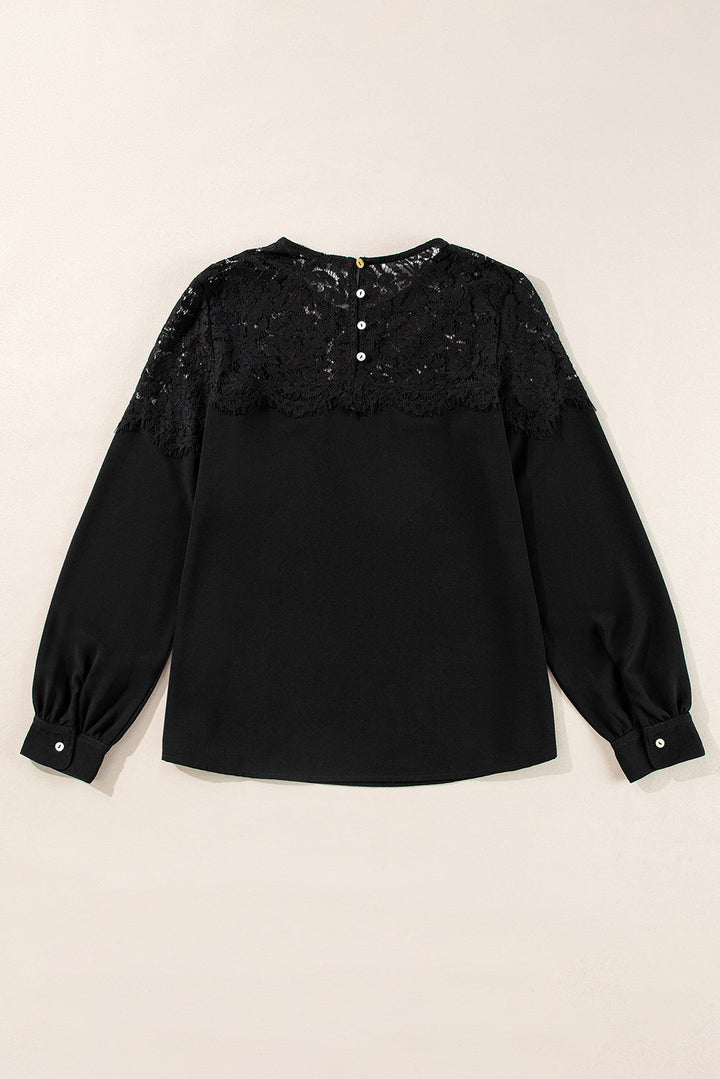 Lace Crochet Patchwork O Neck Long Sleeve Top