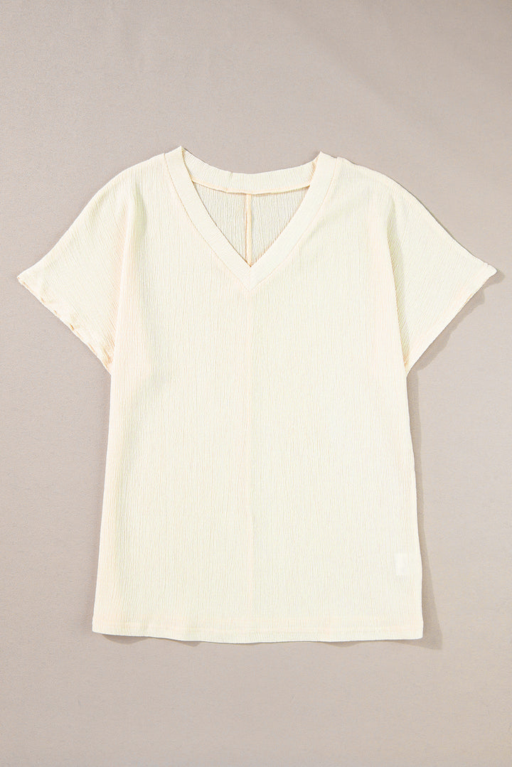 Apricot Crinkled V Neck Wide Sleeve T-shirt