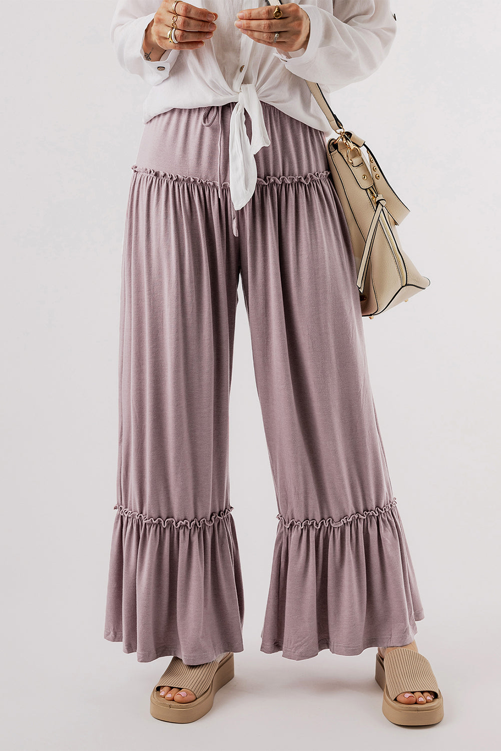 Frilled Drawstring High Waist Wide Leg Pants