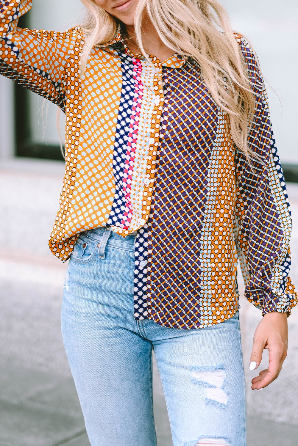 Dot Print Long Sleeve Button Down Shift Shirt