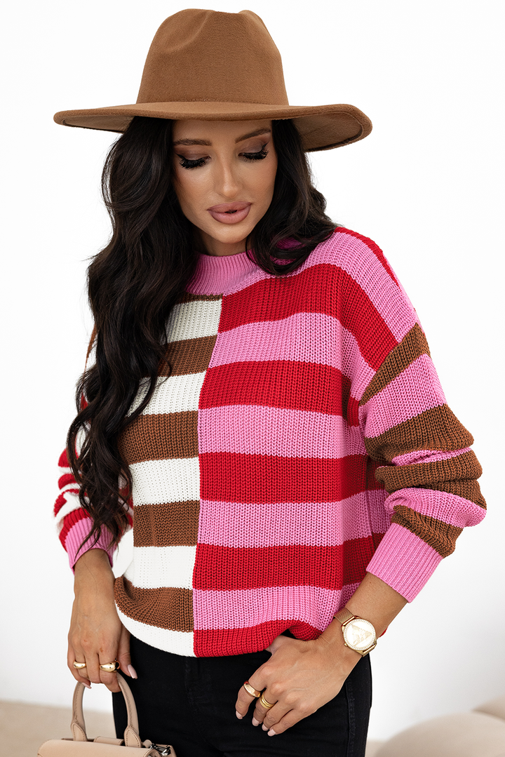 Color Block High Neck Drop Shoulder Loose Sweater