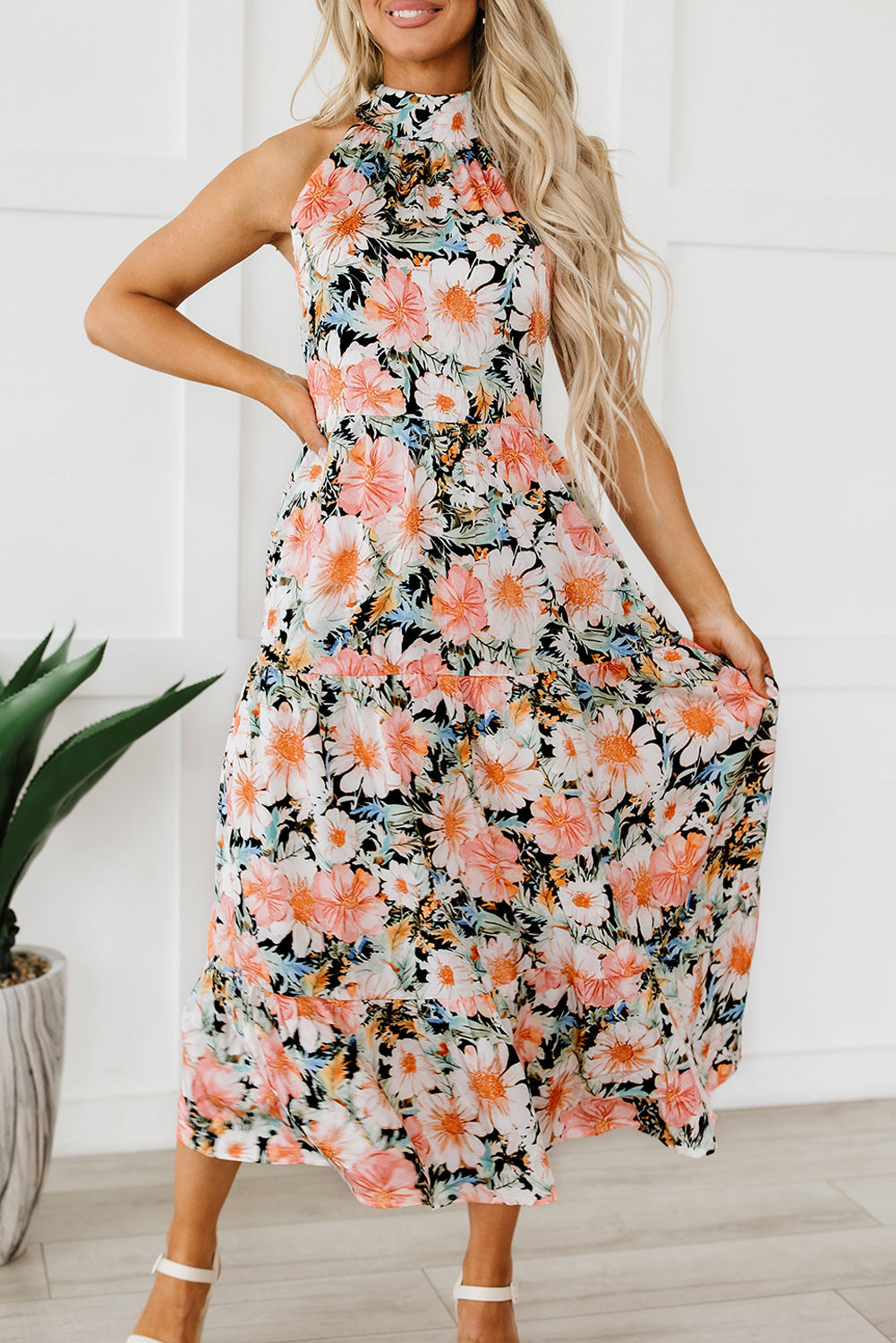 Boho Floral Print Knotted Halter Ruffled Maxi Dress