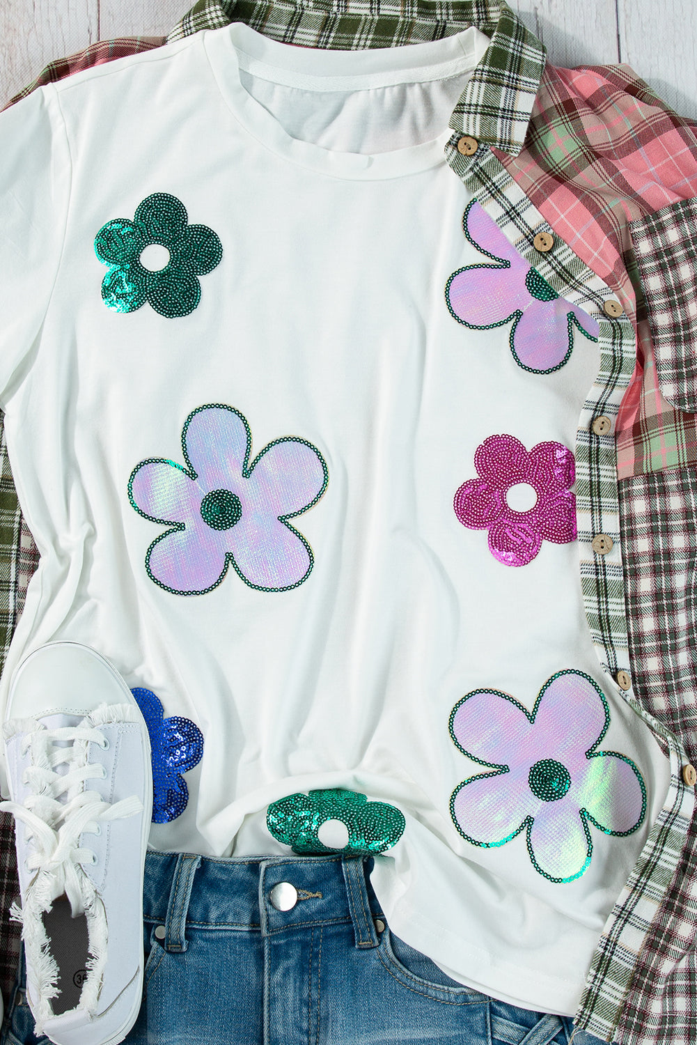 Sequined Flower Pattern Round Neck T Shirt