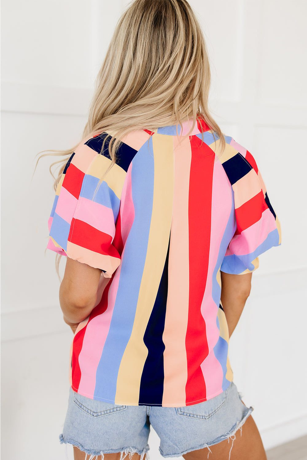 Color Block Striped Puff Sleeve Buttoned Shirt