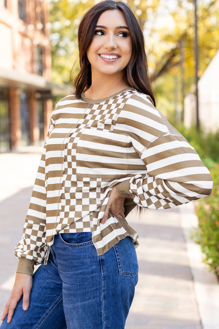 Checkerboard Striped Patchwork Lantern Sleeve Pocketed Blouse