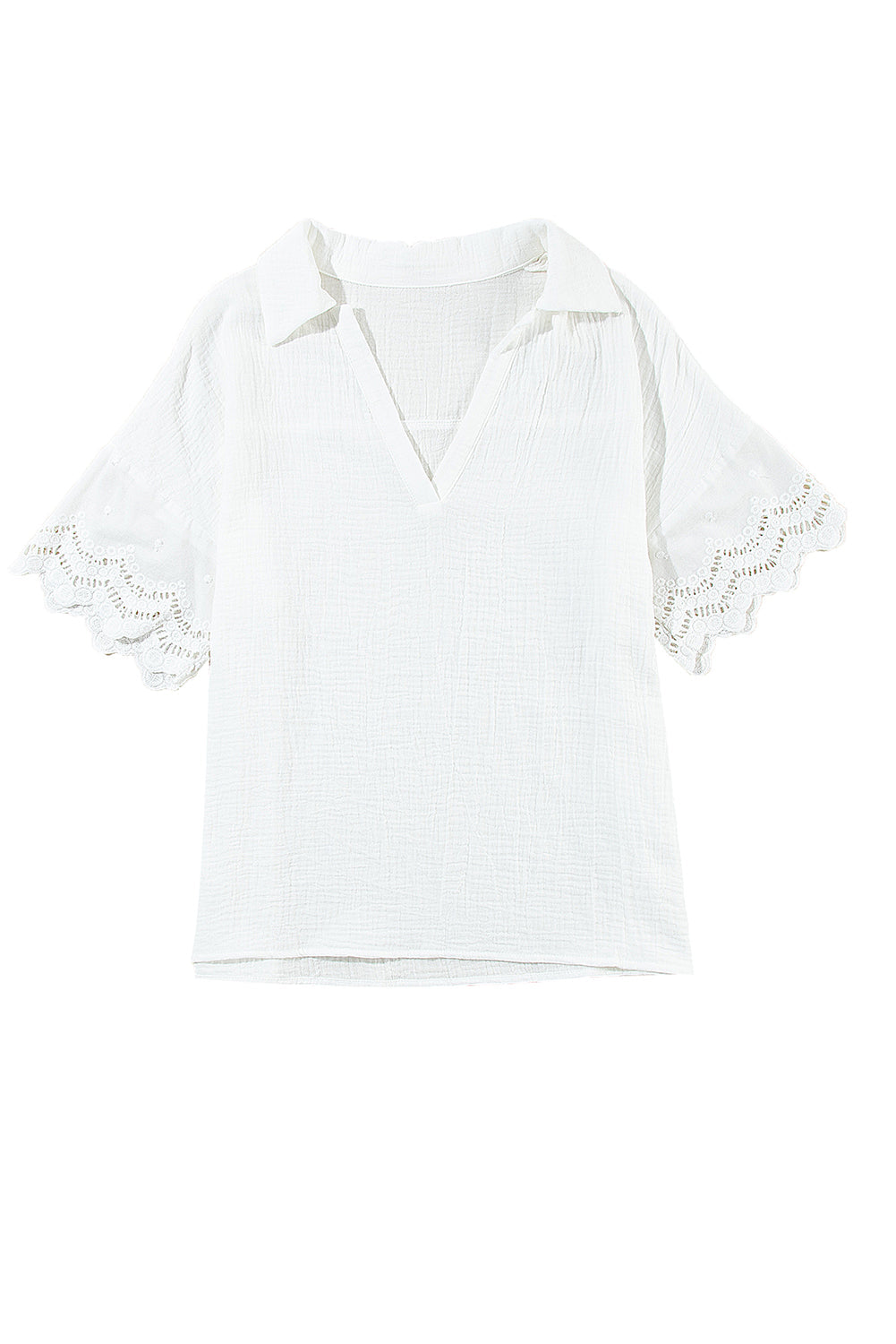 Crinkled Lace Splicing Sleeve Collared V Neck Blouse