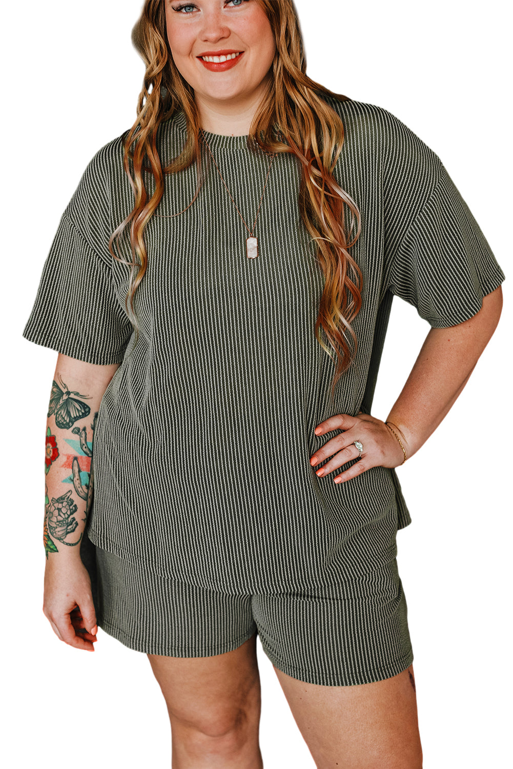 Plus Size Rib Knit Short Sleeve Top and Shorts Set