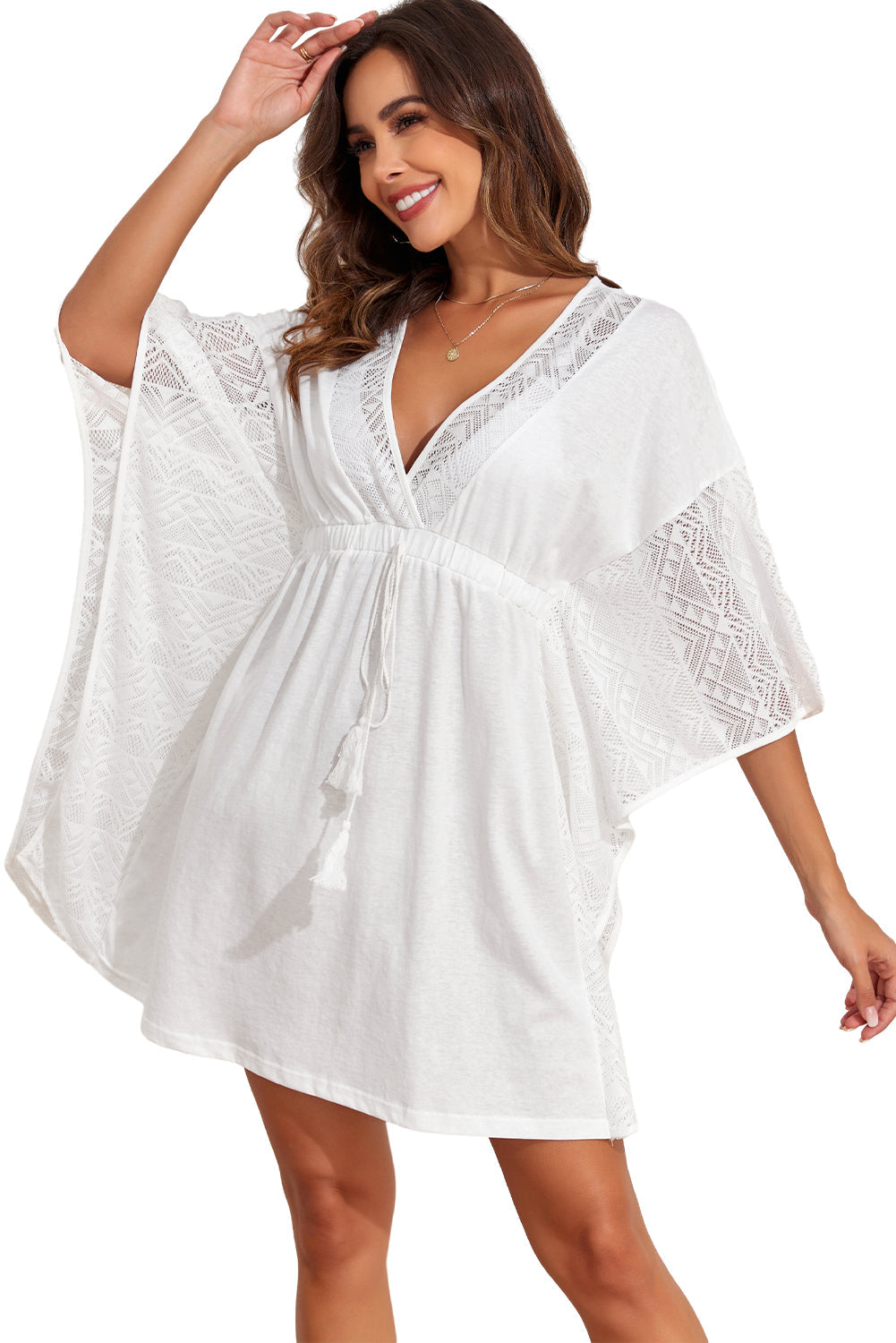 Lace Patch Kimono Sleeve Tassel Drawstring Beach Cover Up