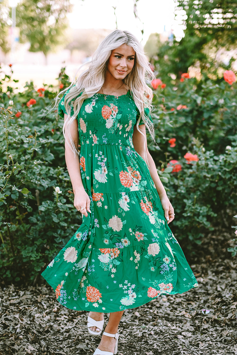 Green Floral Print Bubble Sleeve Smocked Tiered Midi Dress