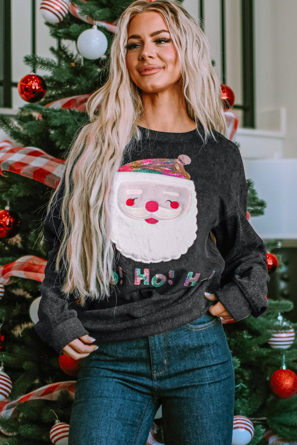 Sequin HO HO HO Santa Claus Graphic Corded Sweatshirt