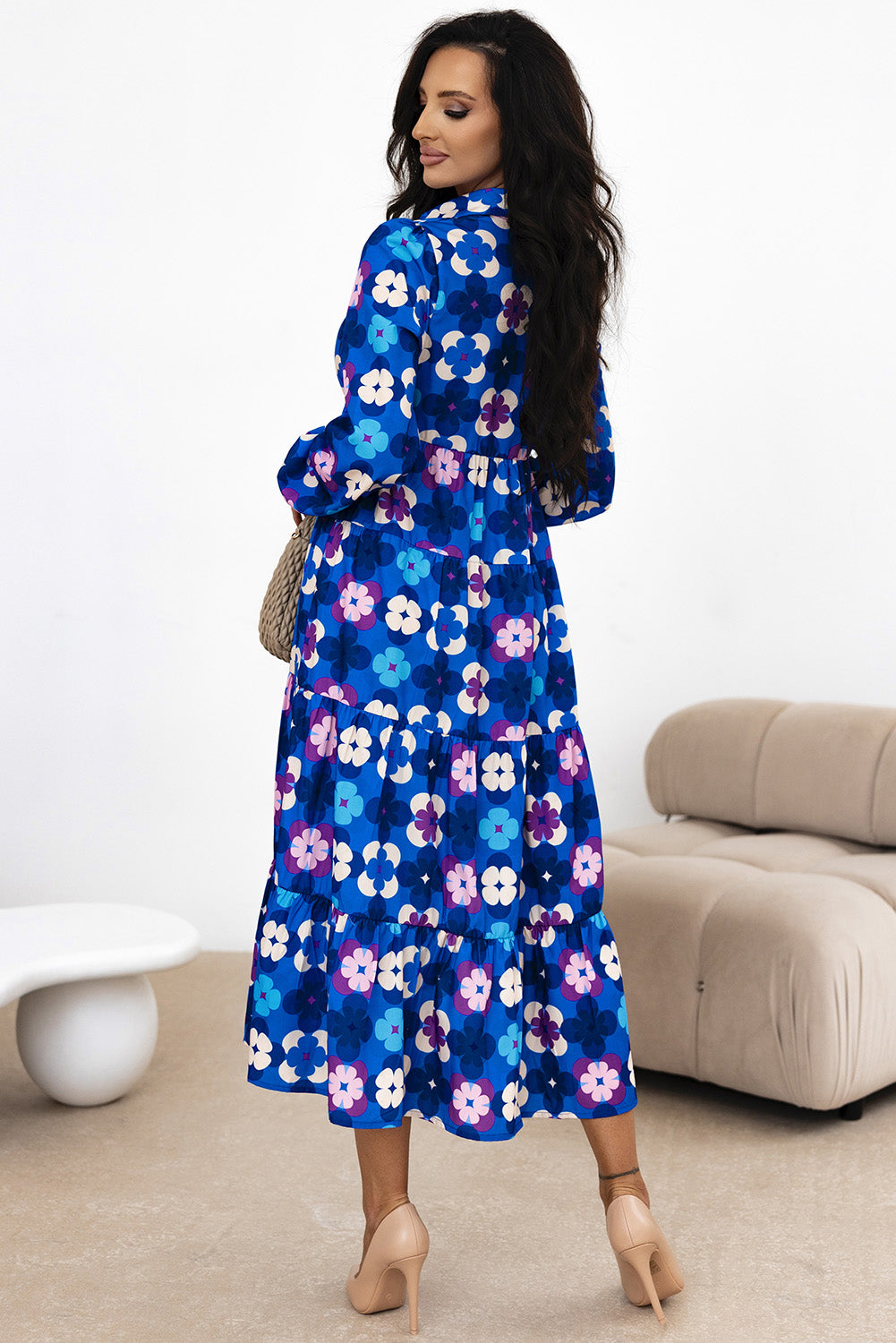 Floral Peasant Sleeve Tiered Ruffle Midi Dress