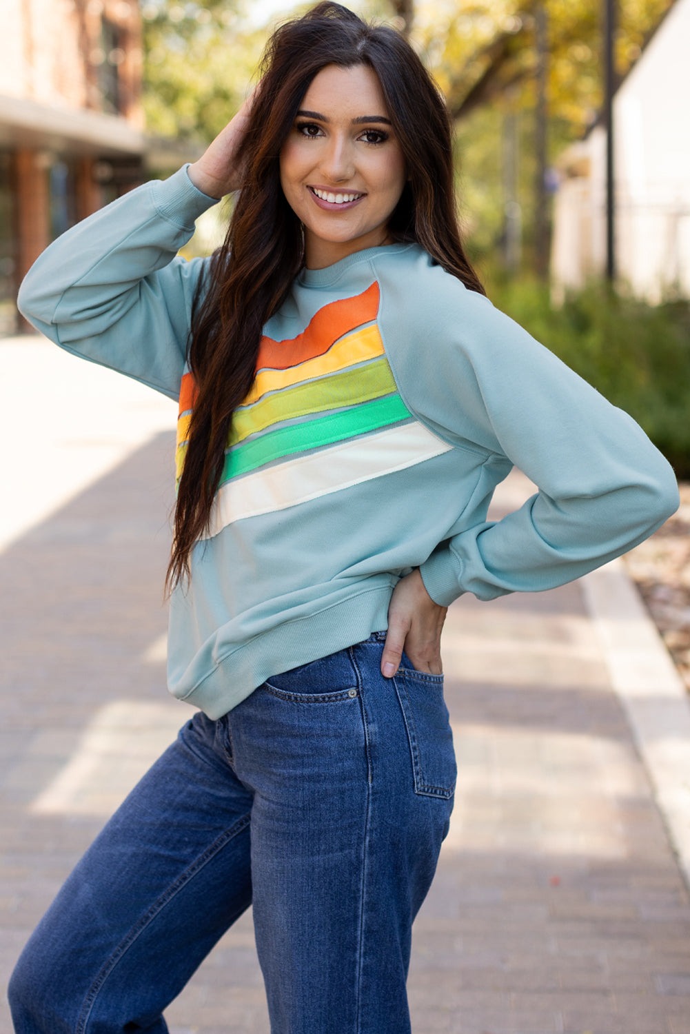 Rainbow Colorblock Striped Pullover Sweatshirt