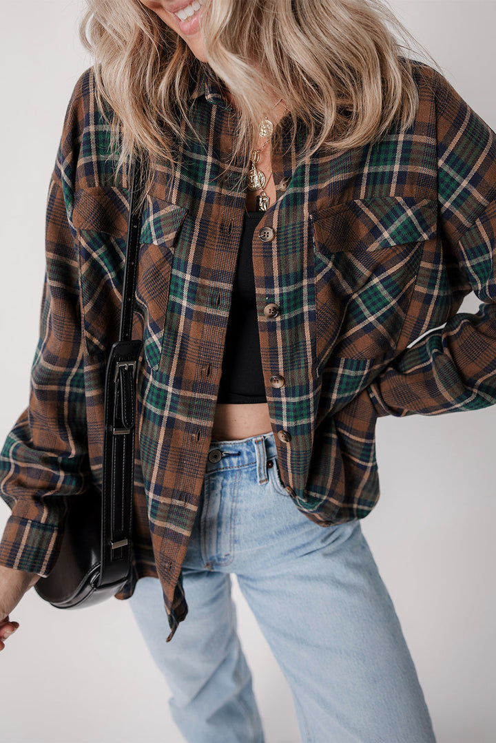 Plaid Print Chest Pockets Buttoned Shirt Jacket