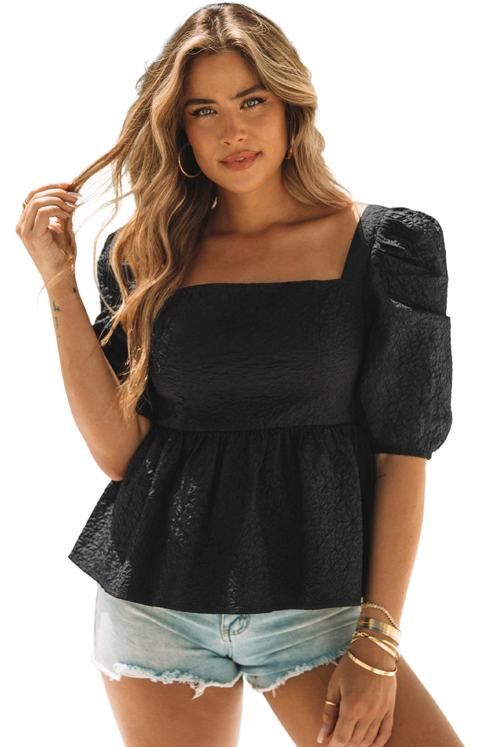 Textured Square Neck Puff Sleeve Peplum Blouse