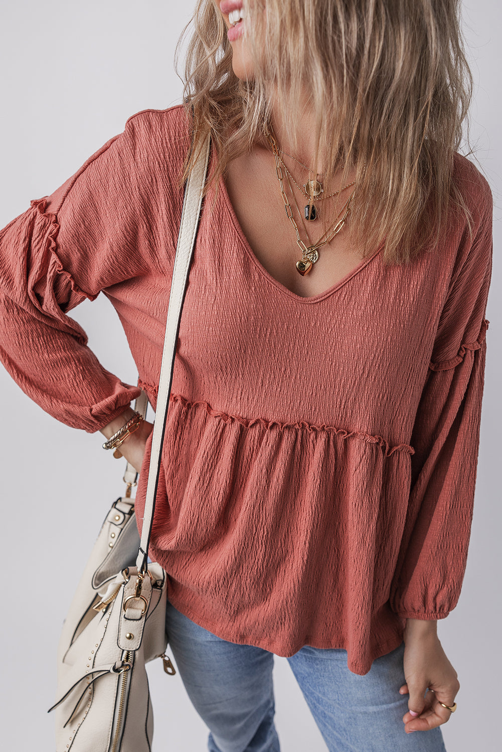 Solid Color Textured Frilled Trim V Neck Puff Sleeve Blouse