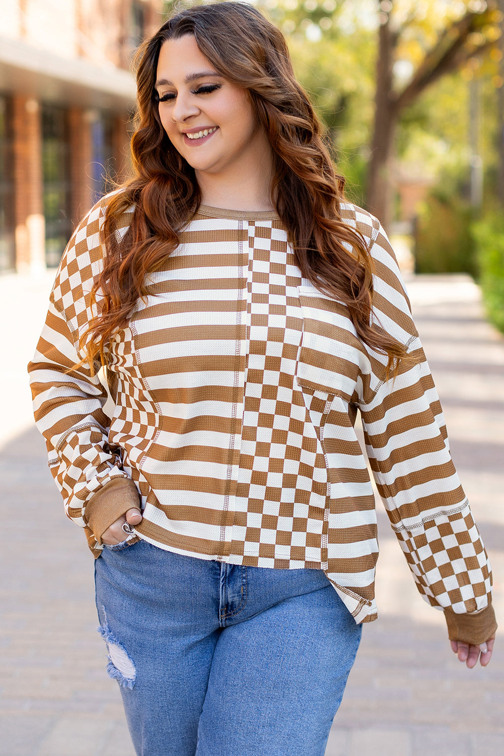 Striped Checkered Mixed Print Chest Pocket Casual Plus Size Top